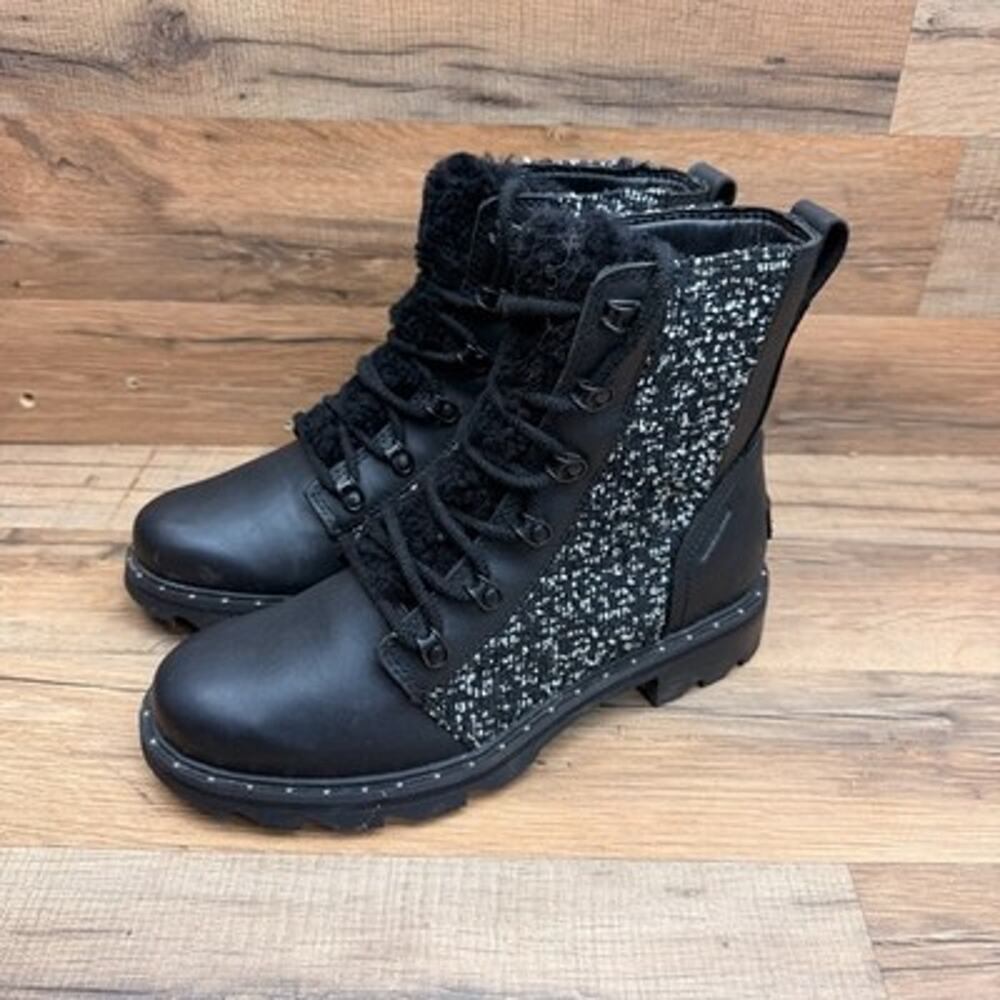 Sorel Lennox Women Sz 8.5 Leather Textile Shearling Lug Sole WP Boot Black White